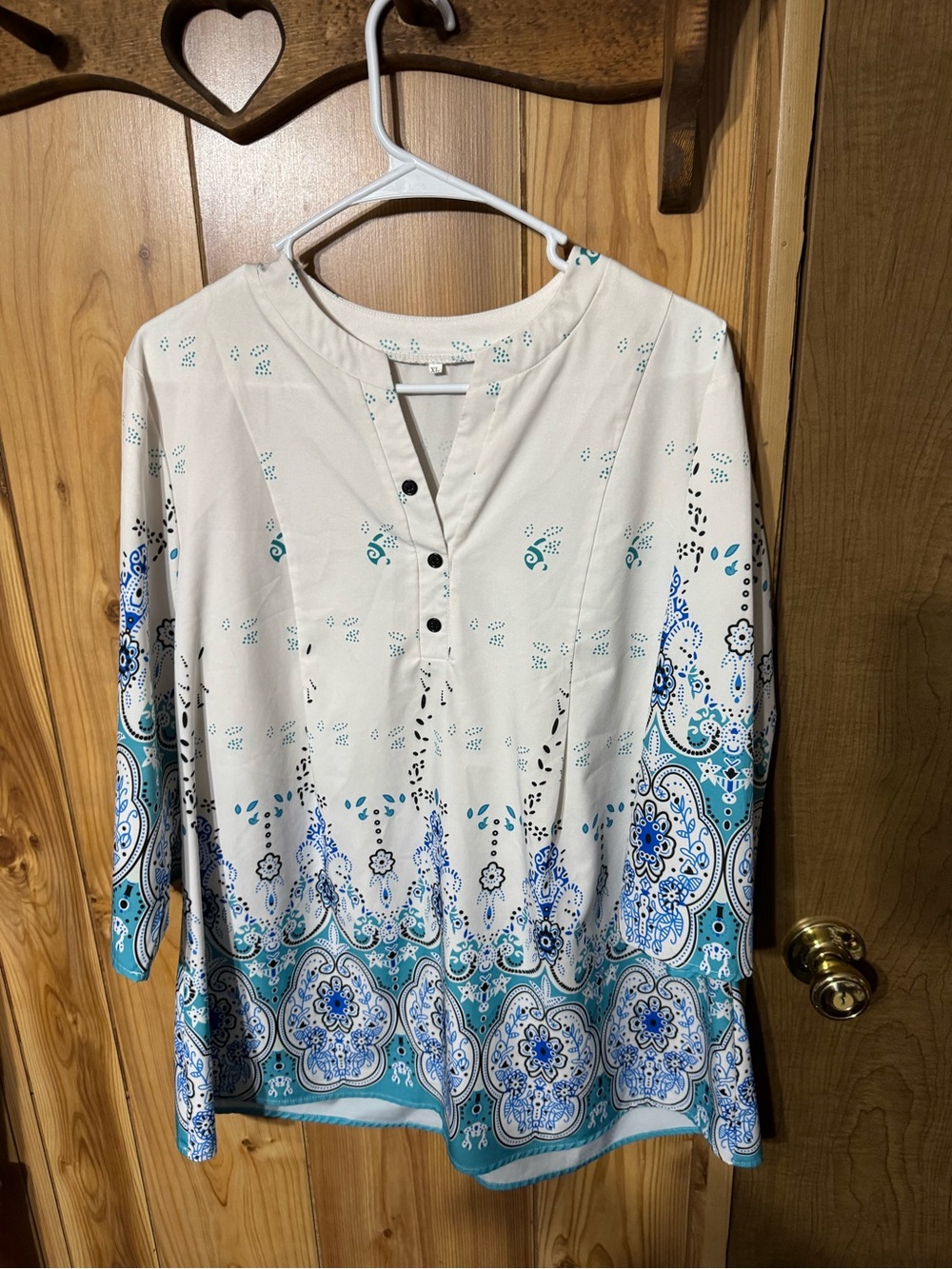Women's White and Teal Paisley Split-Neck Tunic